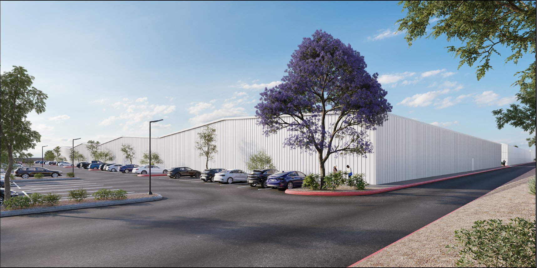 Street-level rendering of the sealed metal Building 2 along Ramon Road